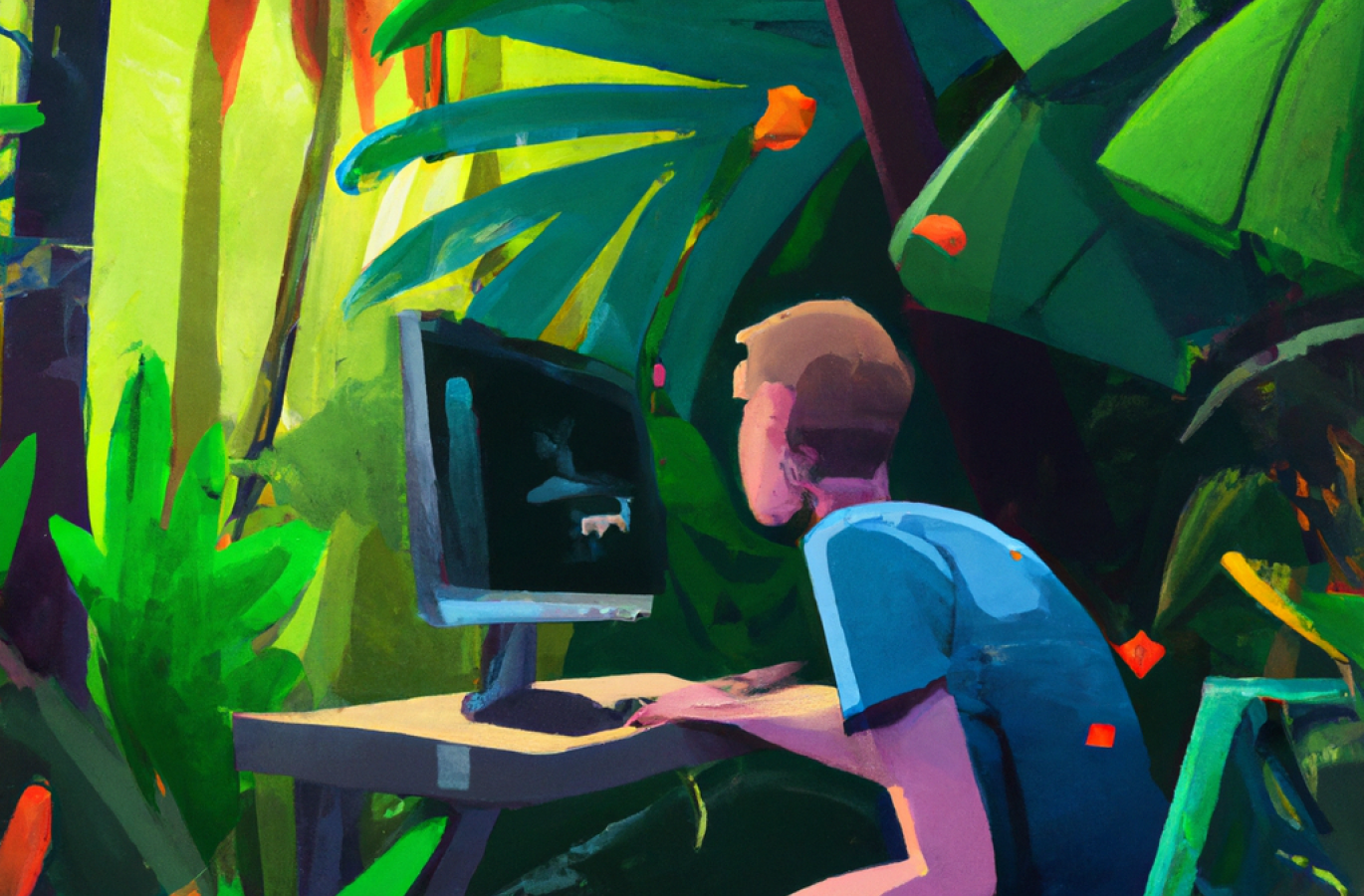 AI-generated image showing a web designer working in the jungle in a painted style.